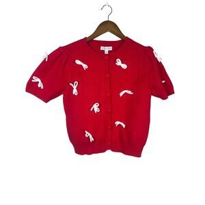 She + Sky Red Knit Short-Sleeve Cardigan Bow Button‎ Front S Cute Preppy